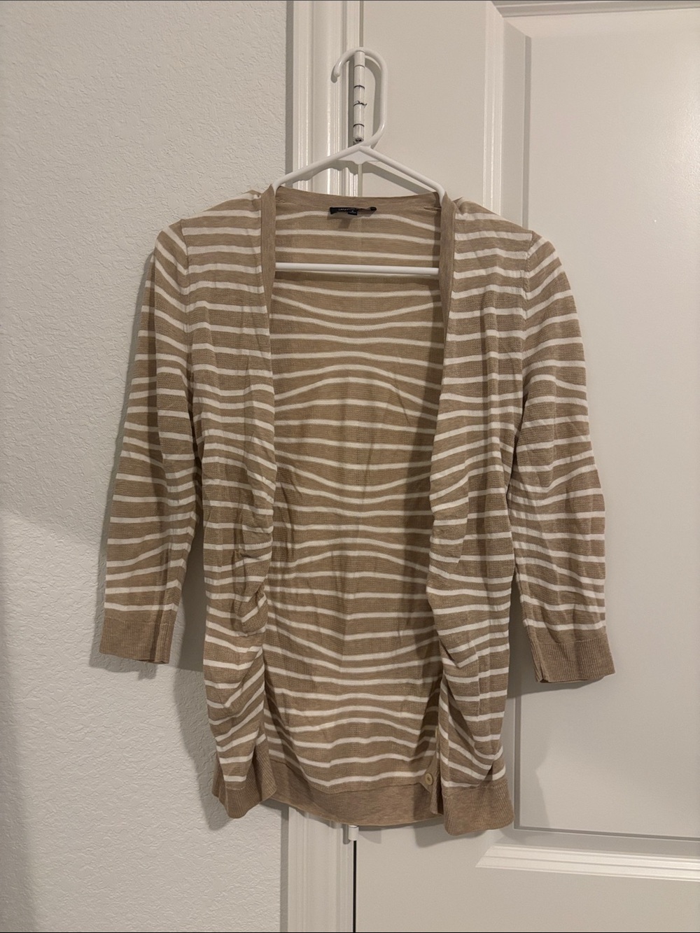 Lafayette 148 Open-Front Beige and White Women's Cardigan Sweater